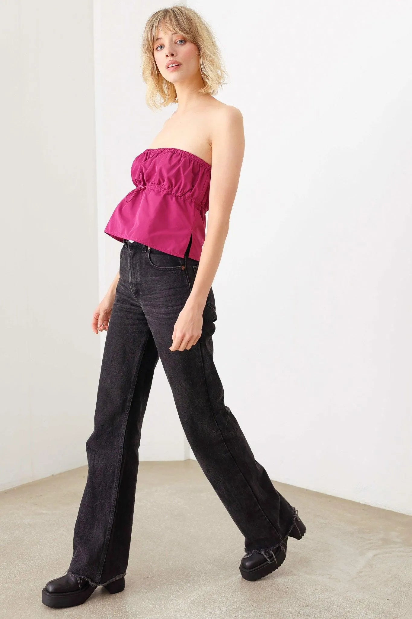 Plain Sexy Straight Neckline Side Slit Front Toggle Drawstring Strapless Crop Top - Tasha Apparel Wholesale