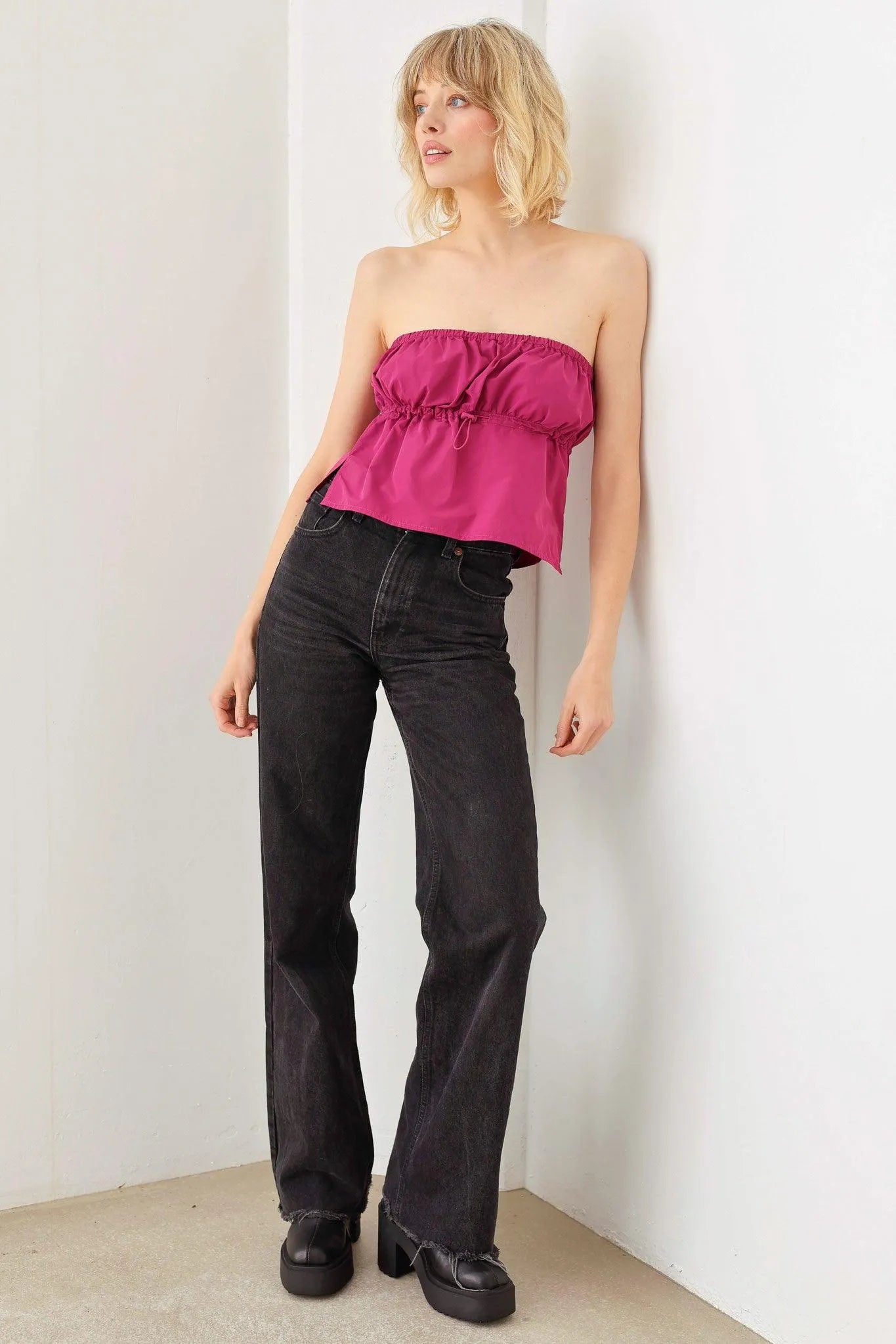 Plain Sexy Straight Neckline Side Slit Front Toggle Drawstring Strapless Crop Top - Tasha Apparel Wholesale