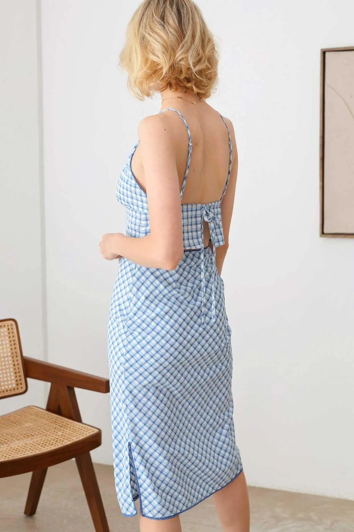 Boho Plaid Crop Top Pencil Side Slit Lace Trim Skirt Set - Tasha Apparel Wholesale