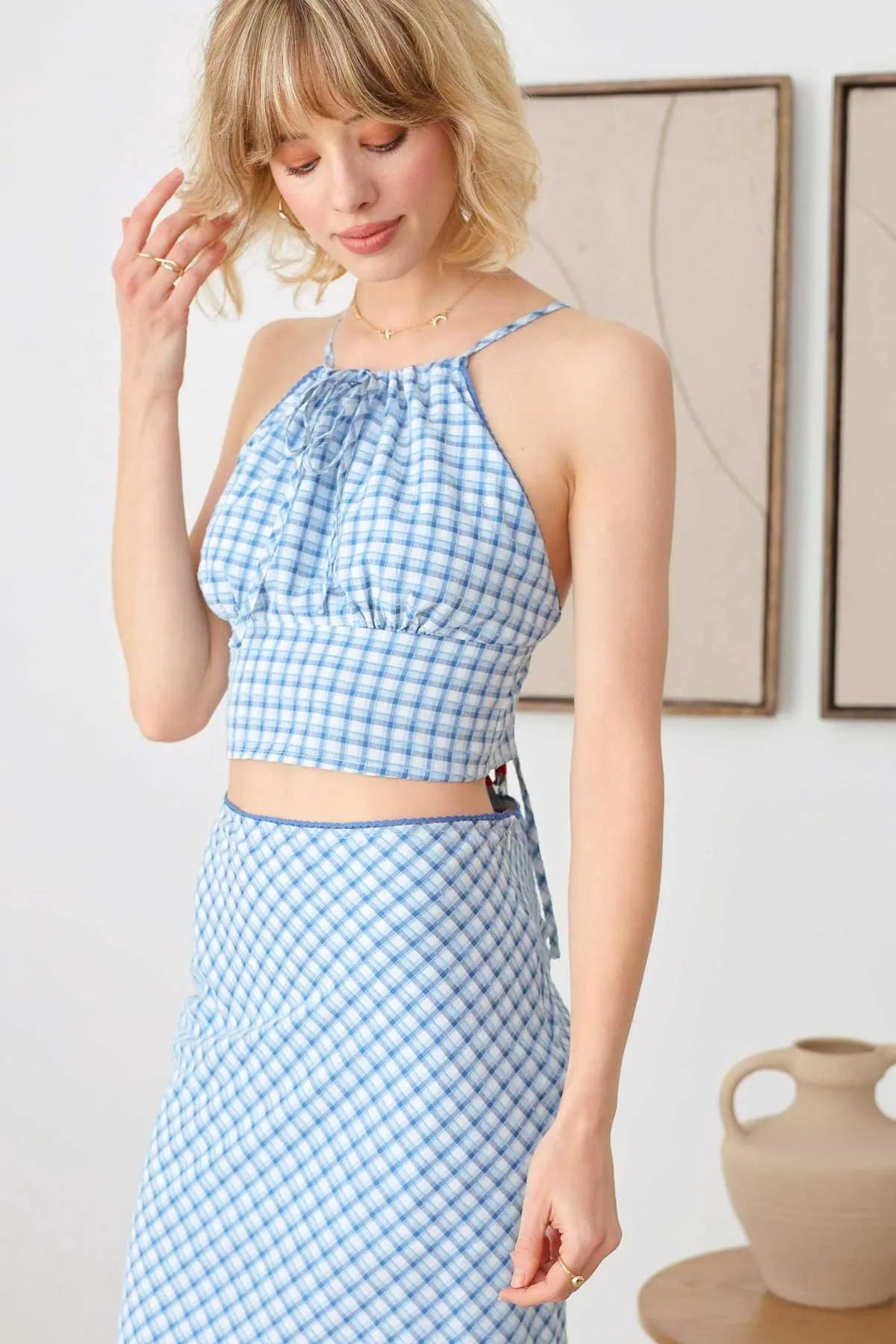 Boho Plaid Crop Top Pencil Side Slit Lace Trim Skirt Set - Tasha Apparel Wholesale