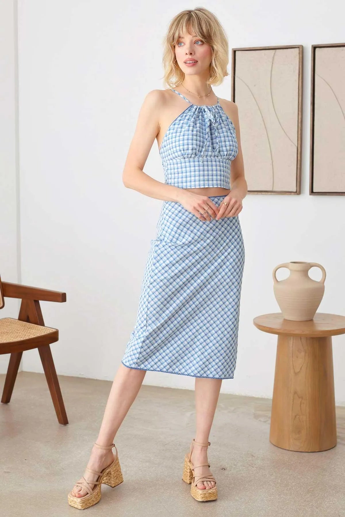 Boho Plaid Crop Top Pencil Side Slit Lace Trim Skirt Set - Tasha Apparel Wholesale