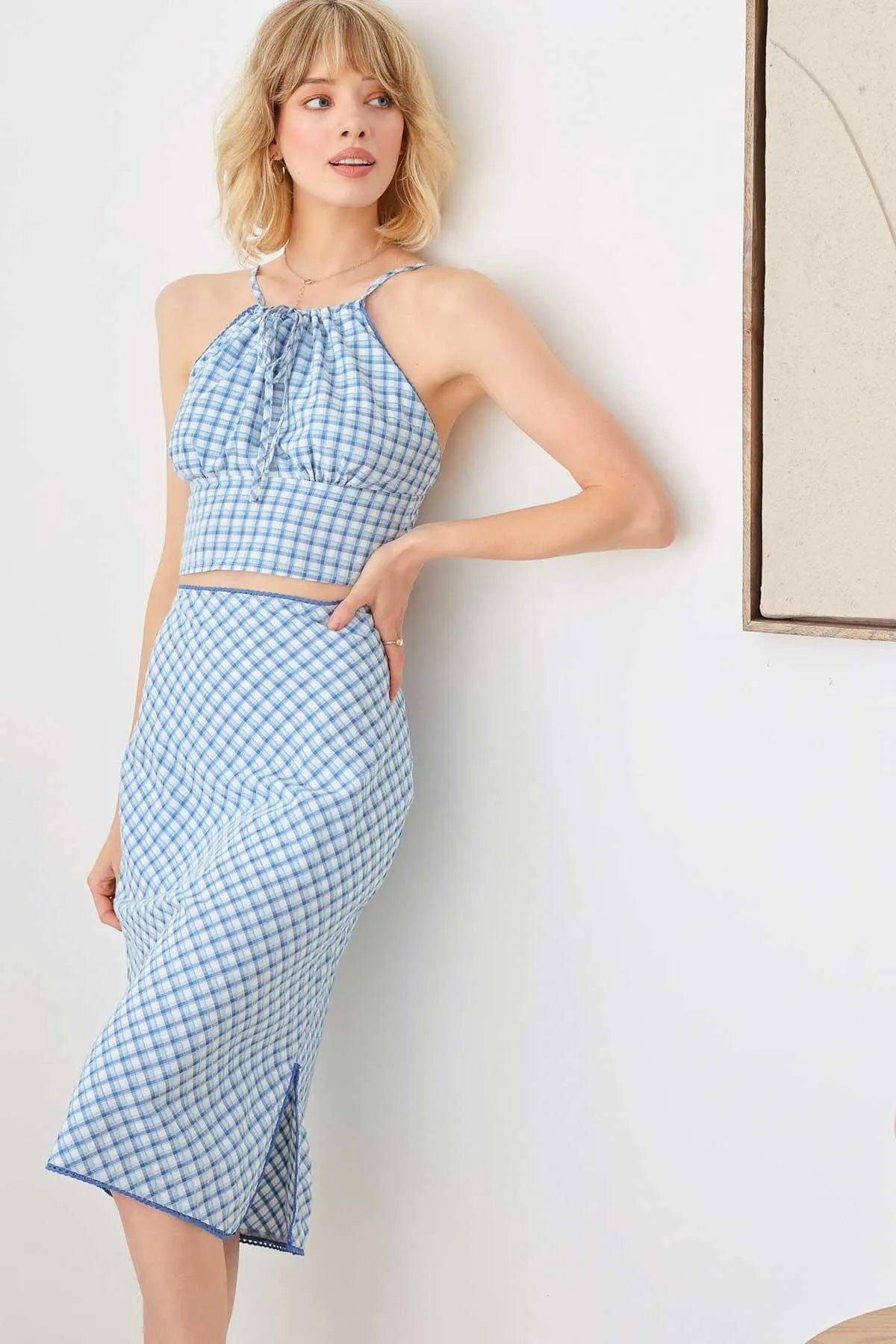 Boho Plaid Crop Top Pencil Side Slit Lace Trim Skirt Set - Tasha Apparel Wholesale