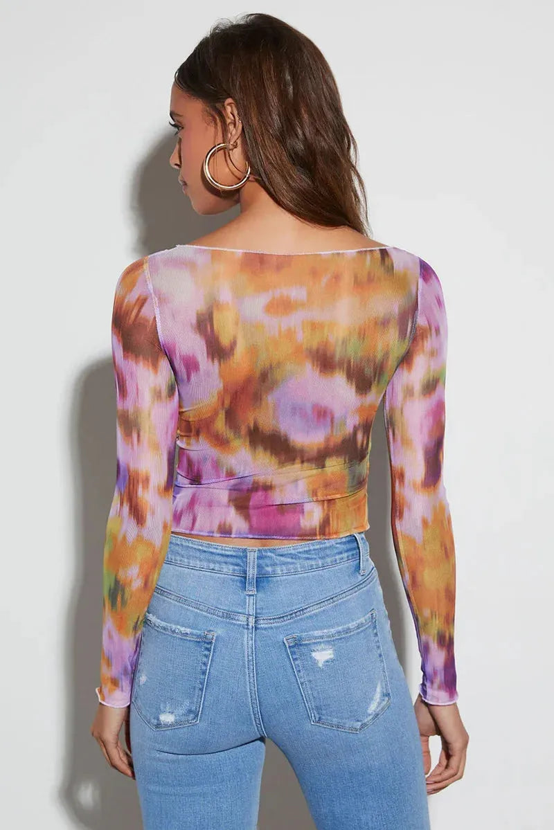 Colorful Boat Neck Long Sleeve Mesh Top - Tasha Apparel Wholesale