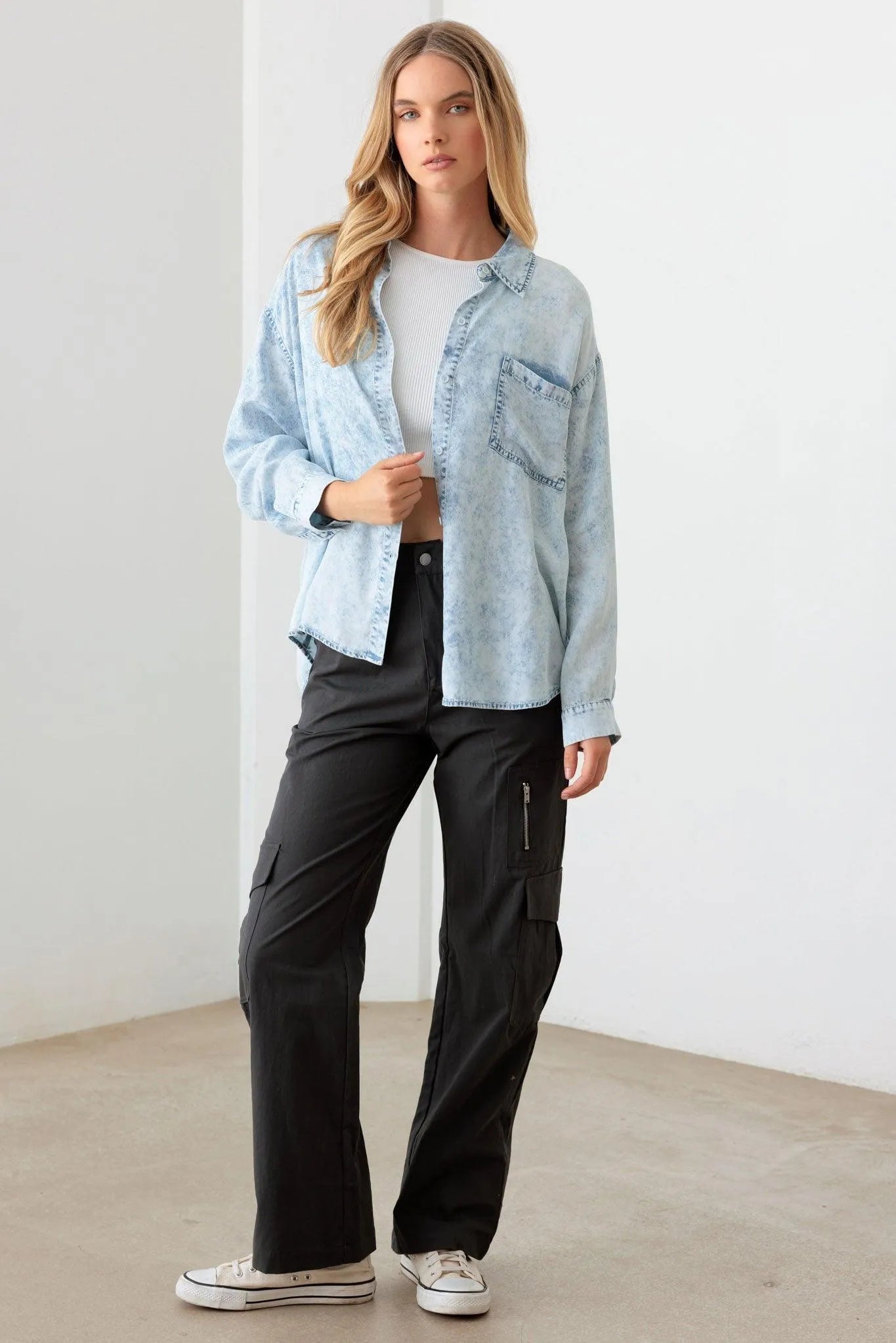 Blue Denim Acid Wash Oversized Shirt - Tasha Apparel Wholesale