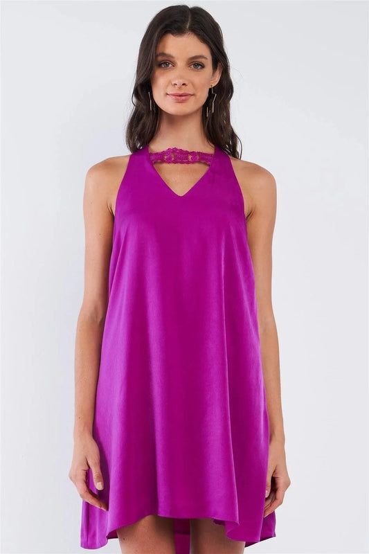 Silky V-Neck Crochet Hem Chest Cut In Mini Dress - Tasha Apparel Wholesale