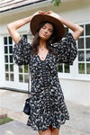 Black Floral Print Ruched Balloon Sleeve Mini Dress - Tasha Apparel Wholesale