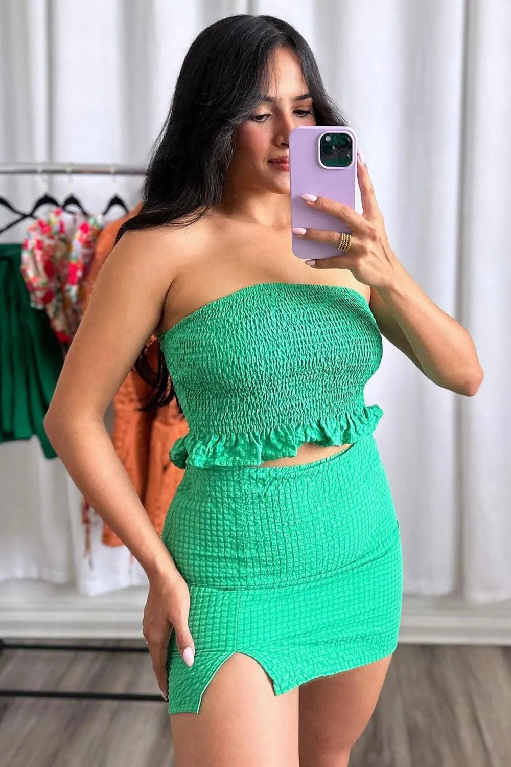Plaid Quilted Front Leg Slit Skirt & Strapless Crop Top Set - Tasha Apparel Wholesale