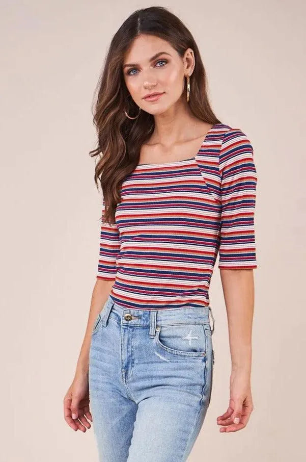Striped Square Neckline Half Sleeve Rib Knit Top - Tasha Apparel Wholesale