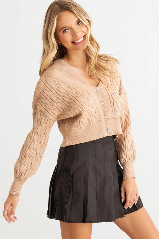 Cable Mesh Rhinestone Button-Up Dropped Shoulders Sweater - Tasha Apparel Wholesale