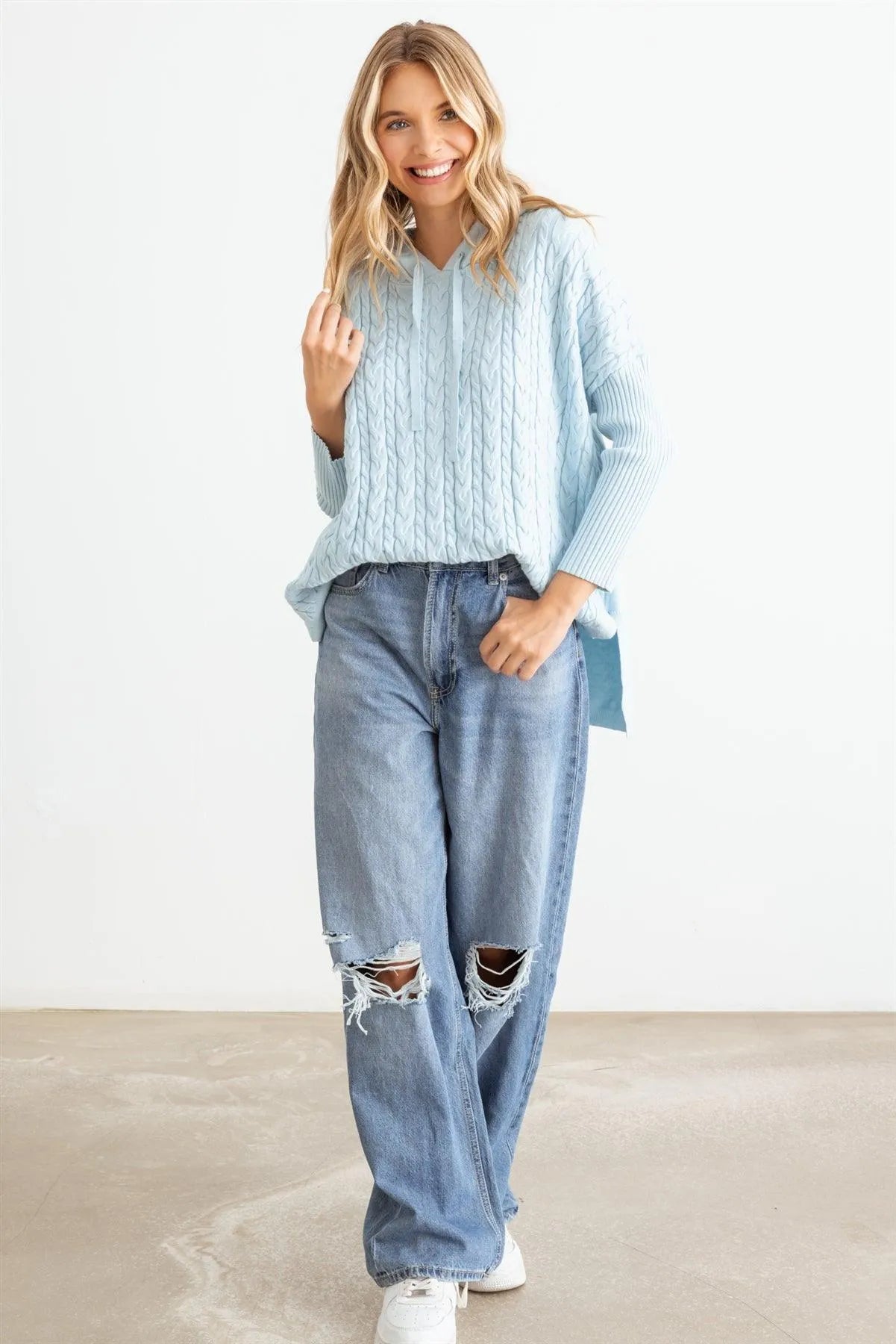 Cable Knit Long Sleeve Hooded Sweater - Tasha Apparel Wholesale