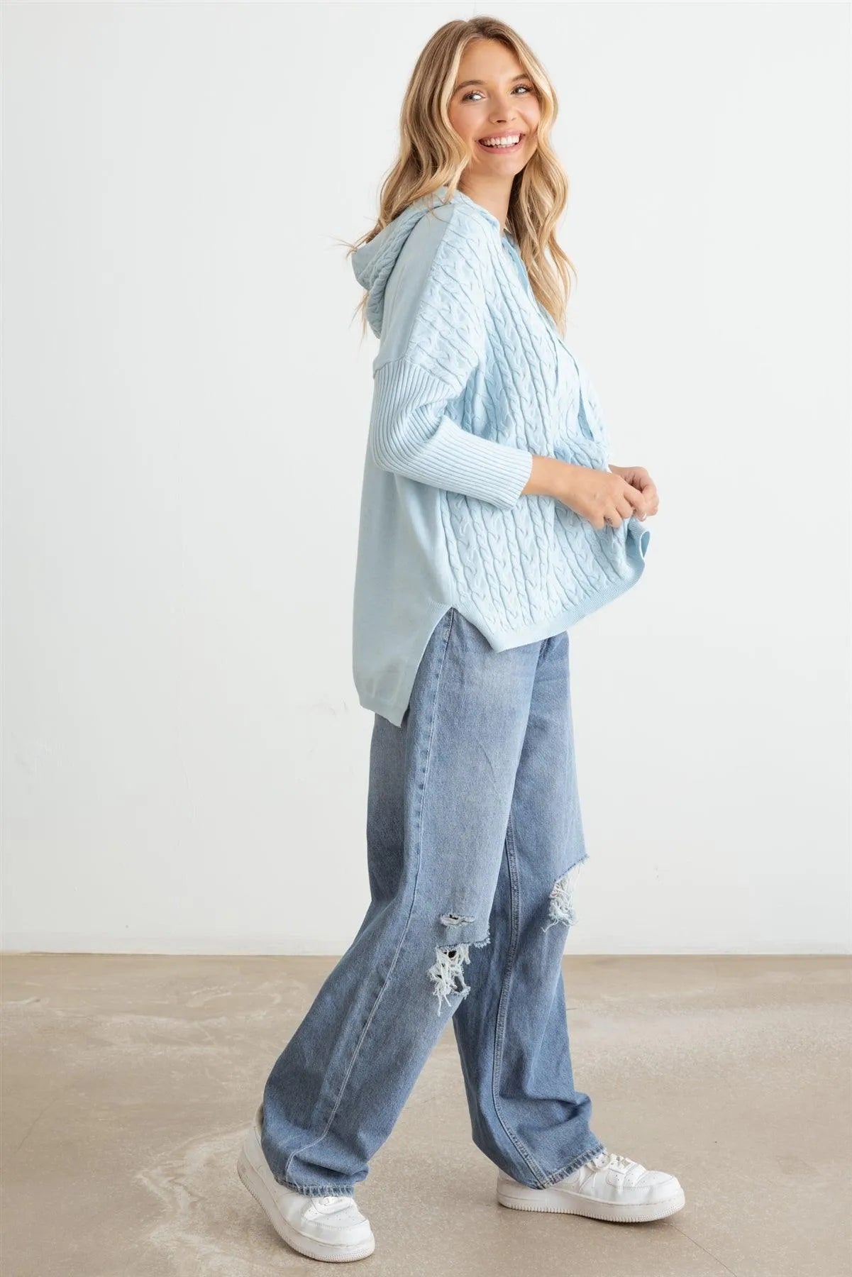 Cable Knit Long Sleeve Hooded Sweater - Tasha Apparel Wholesale