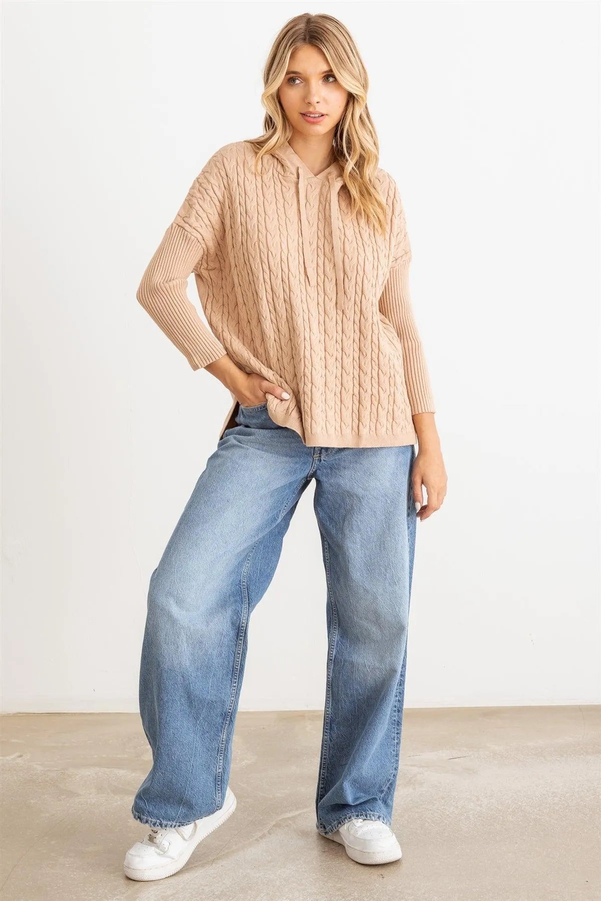 Cable Knit Long Sleeve Hooded Sweater - Tasha Apparel Wholesale