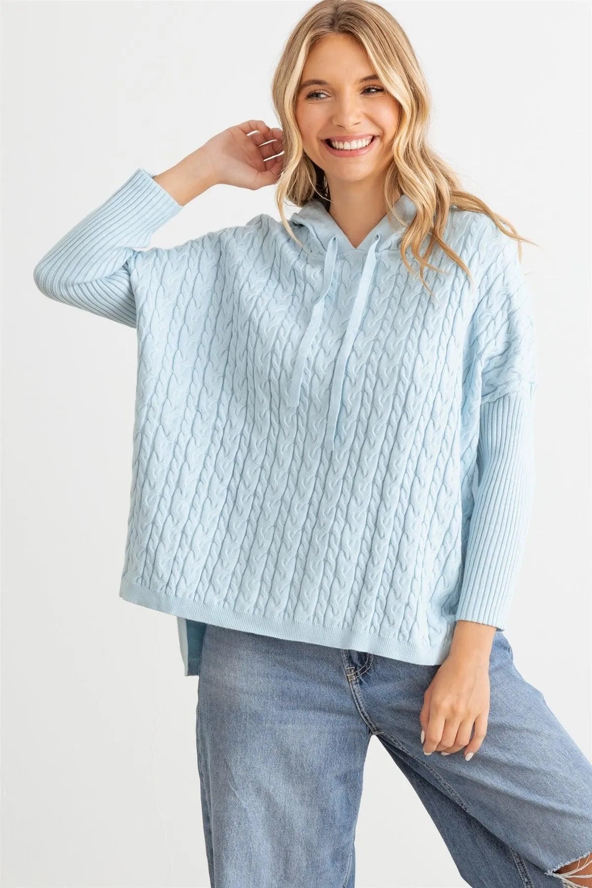 Cable Knit Long Sleeve Hooded Sweater - Tasha Apparel Wholesale