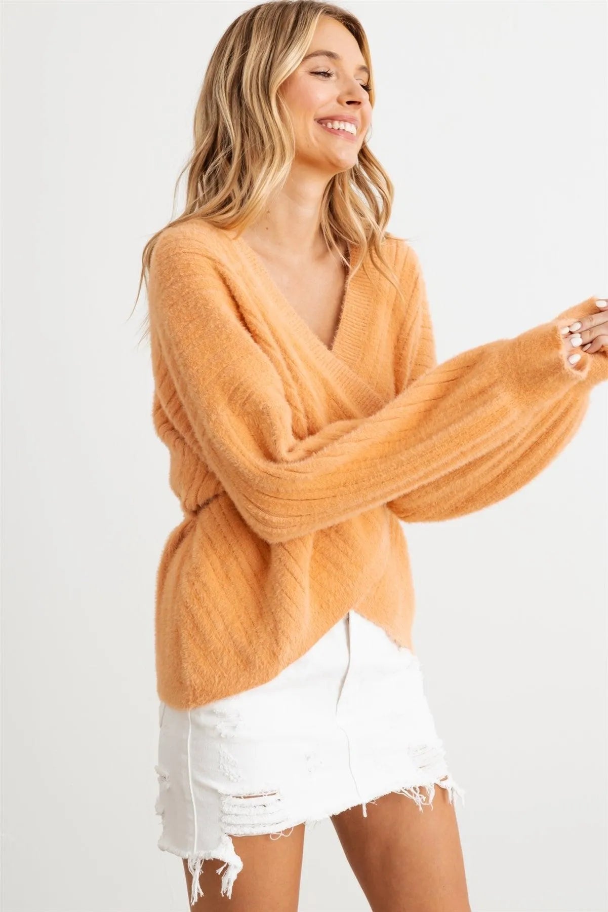 Ribbed Fuzzy Knit Wrap Long Sleeve Sweater Cardigan - Tasha Apparel Wholesale
