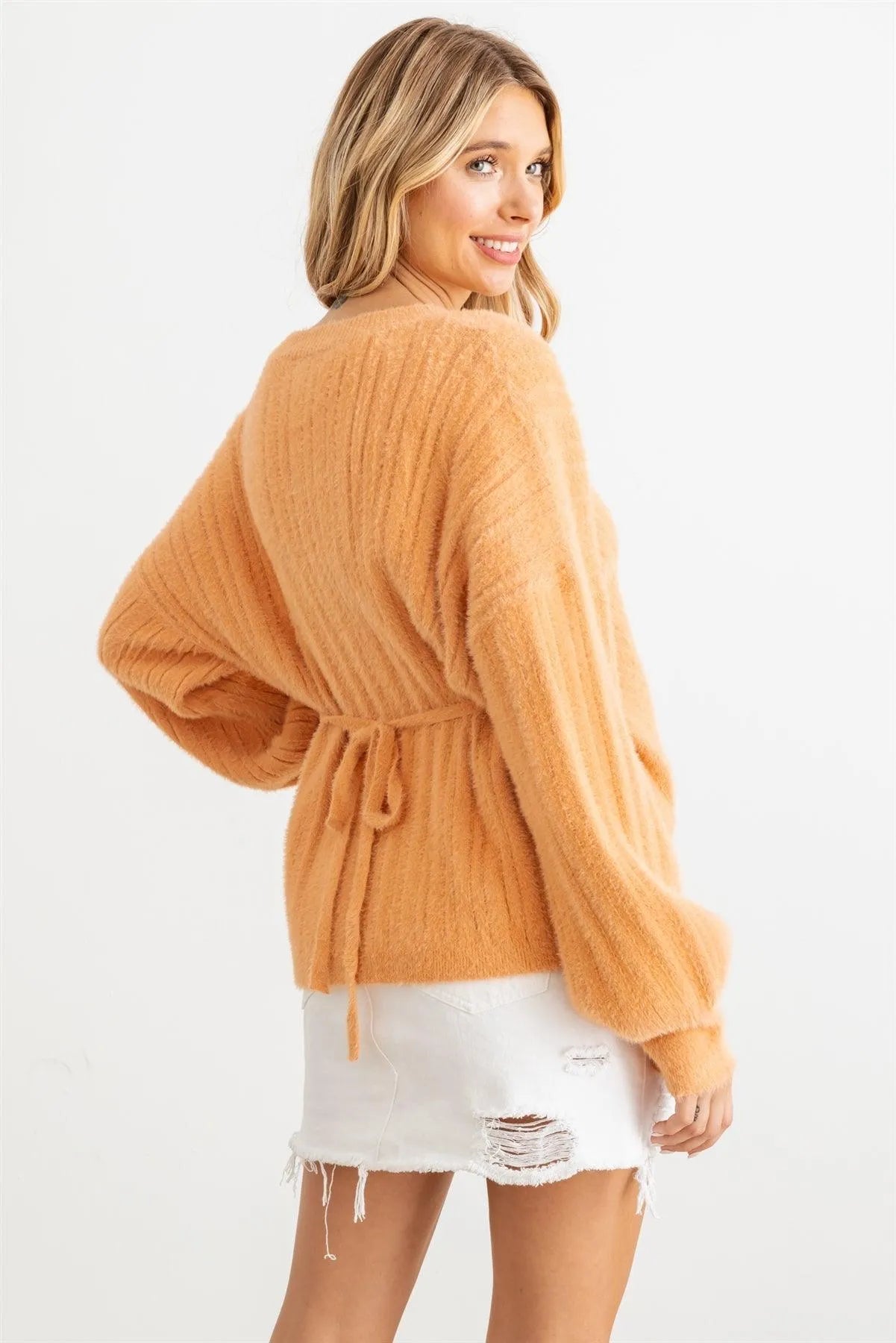 Ribbed Fuzzy Knit Wrap Long Sleeve Sweater Cardigan - Tasha Apparel Wholesale