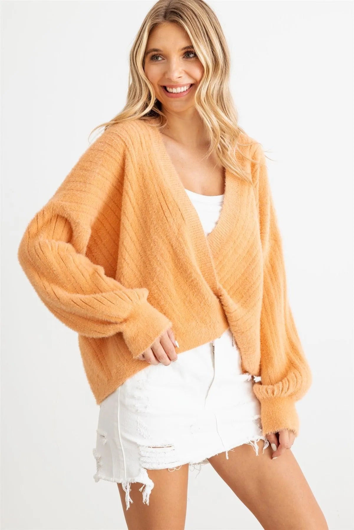 Ribbed Fuzzy Knit Wrap Long Sleeve Sweater Cardigan - Tasha Apparel Wholesale