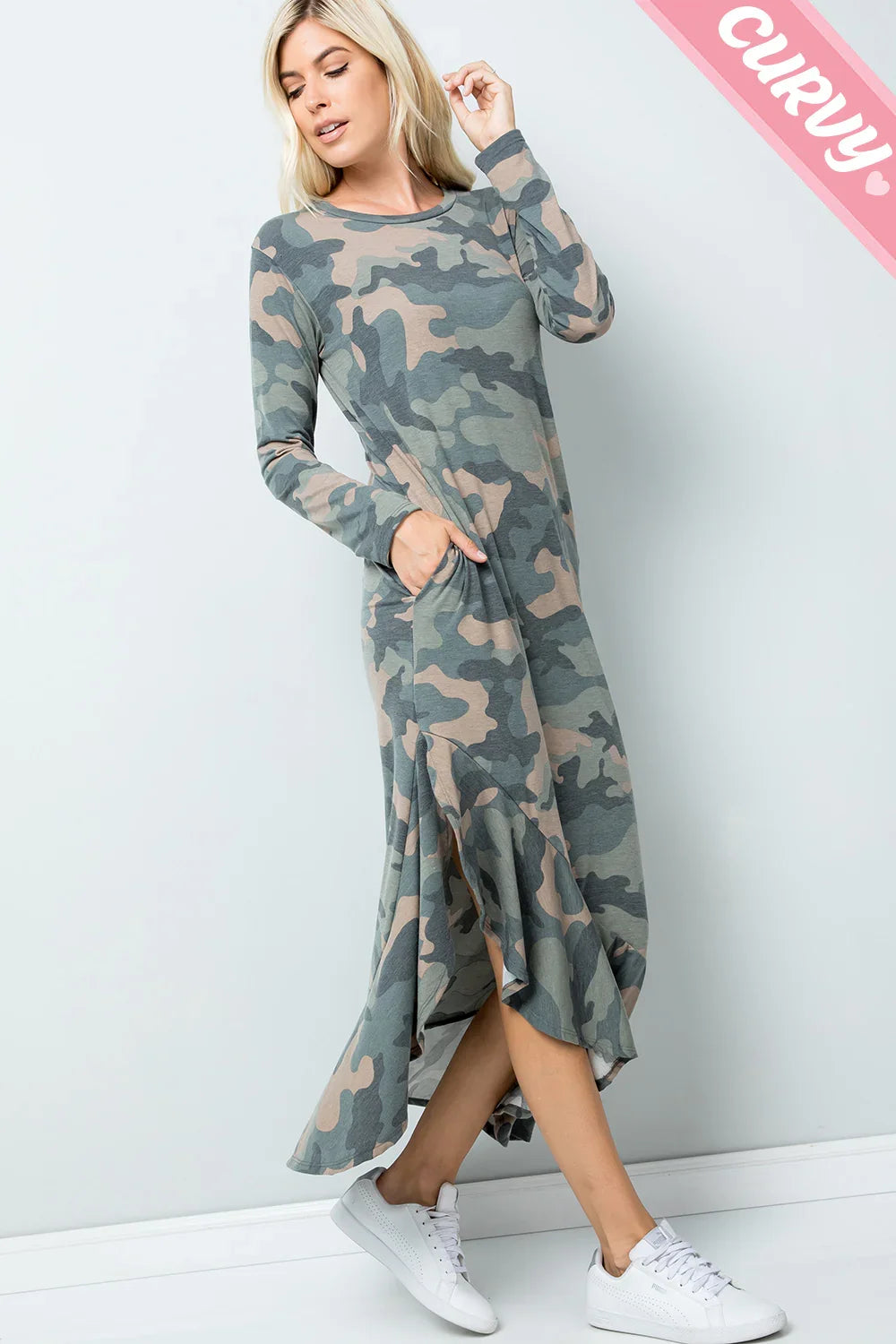 Plus Size Casual Camouflage Long Sleeve Asymmetrical Maxi Dress