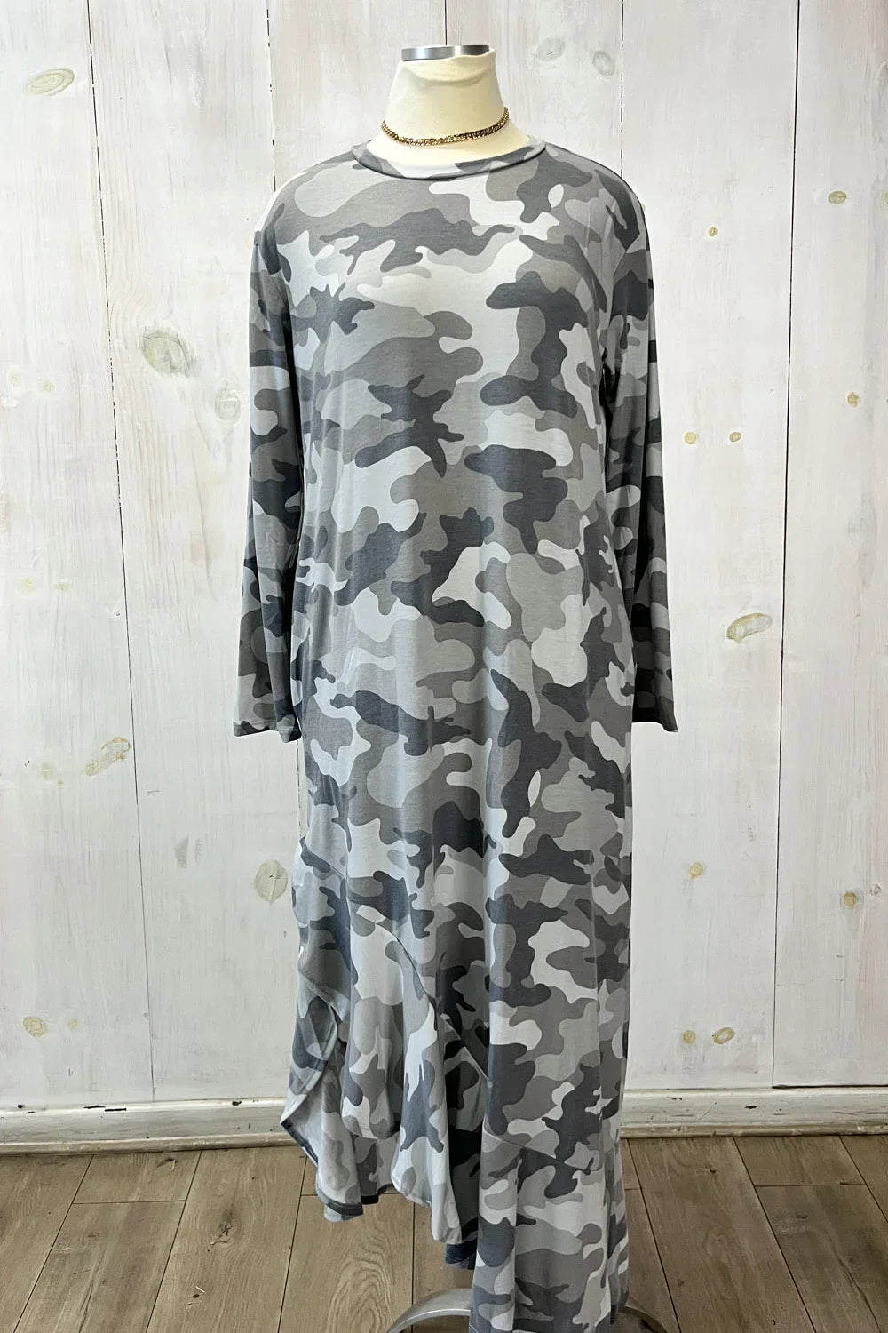 Plus Size Casual Camouflage Long Sleeve Asymmetrical Maxi Dress