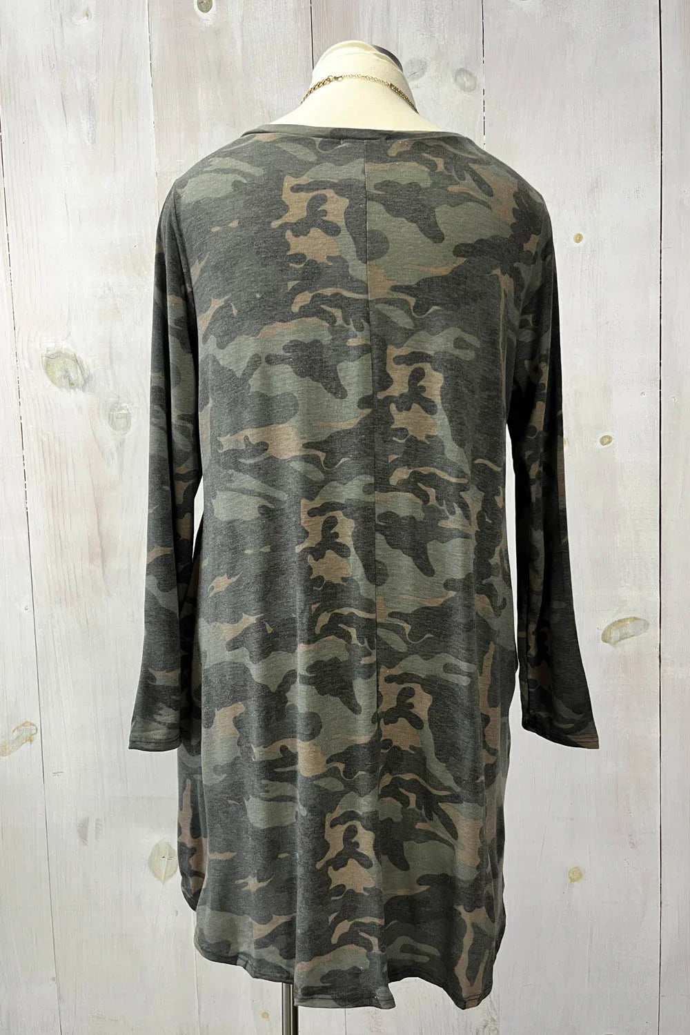 Plus Size Camo Long Sleeve Criss Cross Neckline Jersey Side Pockets Tunic Dress