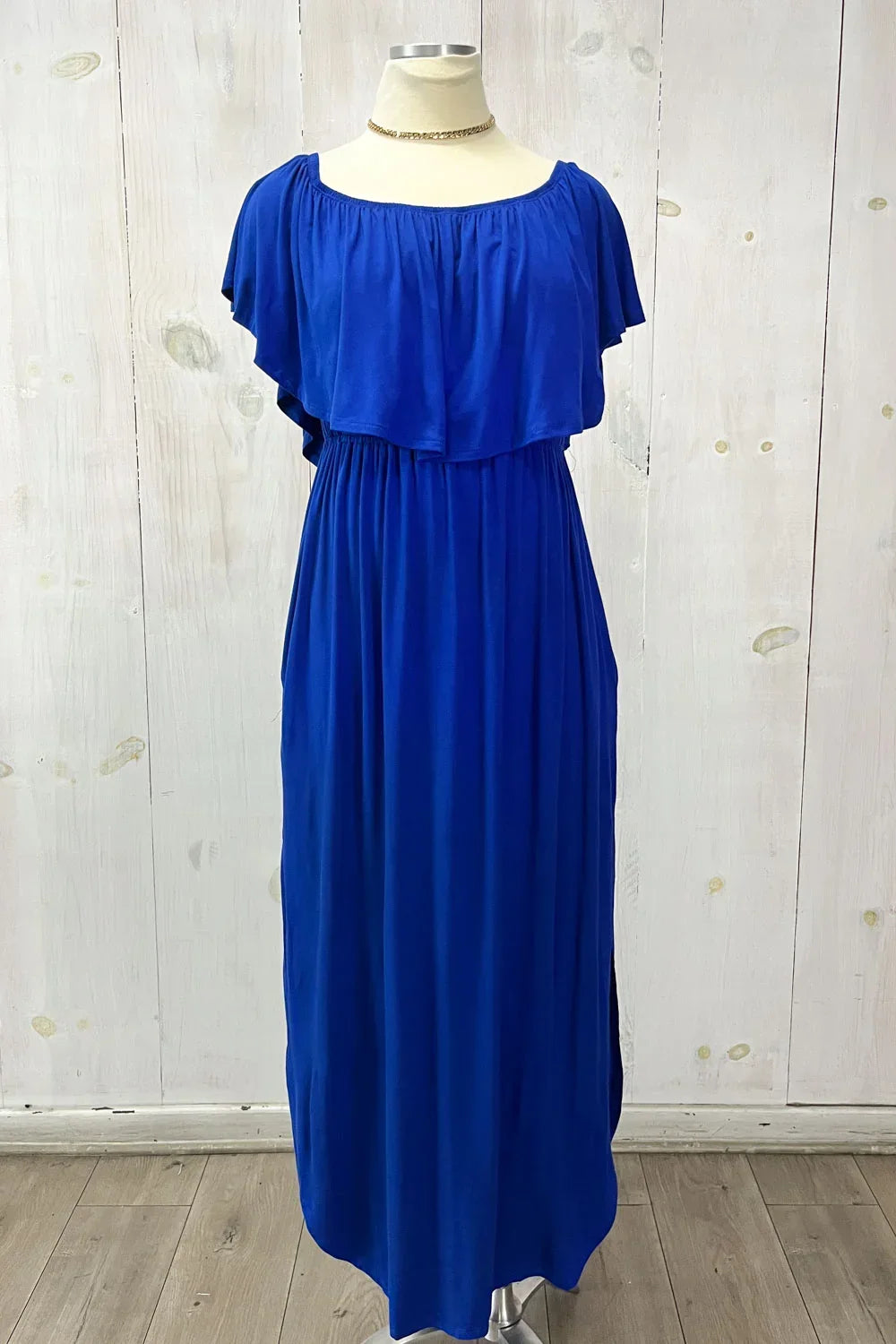 Plus Size Off Shoulder Side Slit Ruffle Jersey Maxi Dress