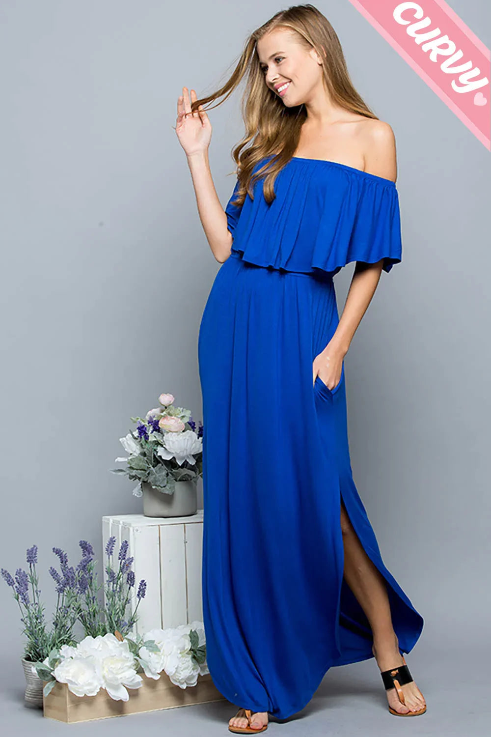 Plus Size Off Shoulder Side Slit Ruffle Jersey Maxi Dress