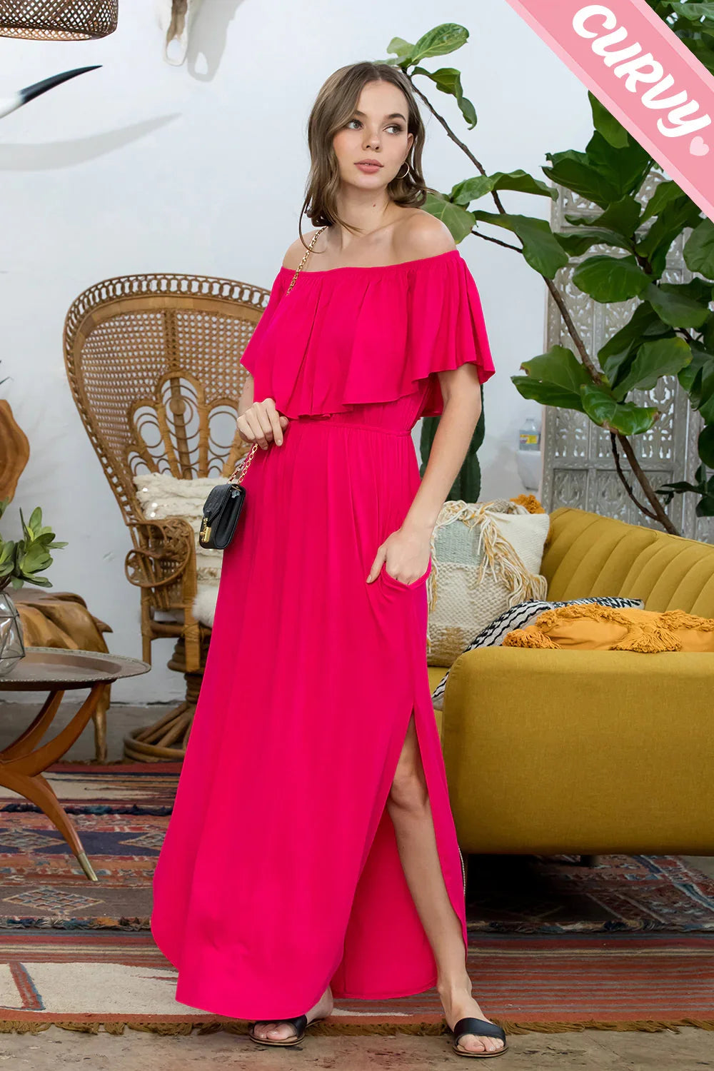Plus Size Off Shoulder Side Slit Ruffle Jersey Maxi Dress