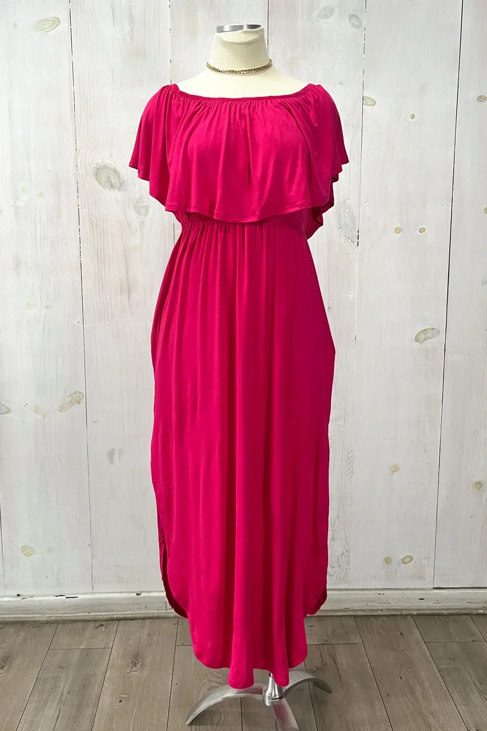 Plus Size Off Shoulder Side Slit Ruffle Jersey Maxi Dress