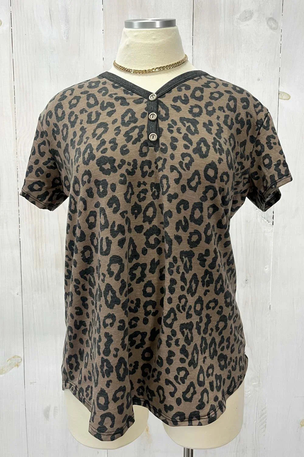 Plus Size Cheetah Print Button Front Relaxed Fit Short Sleeve Casual Top
