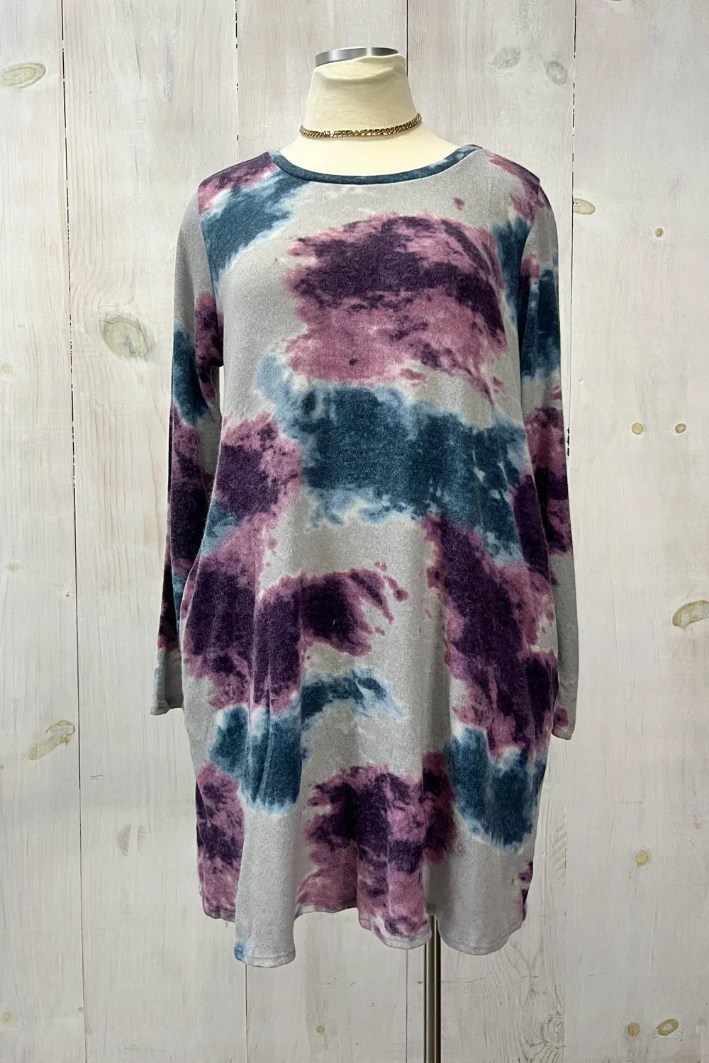 Plus Size Tie Dye Round Neck Long Sleeve Boutique Knit Tunic Dress