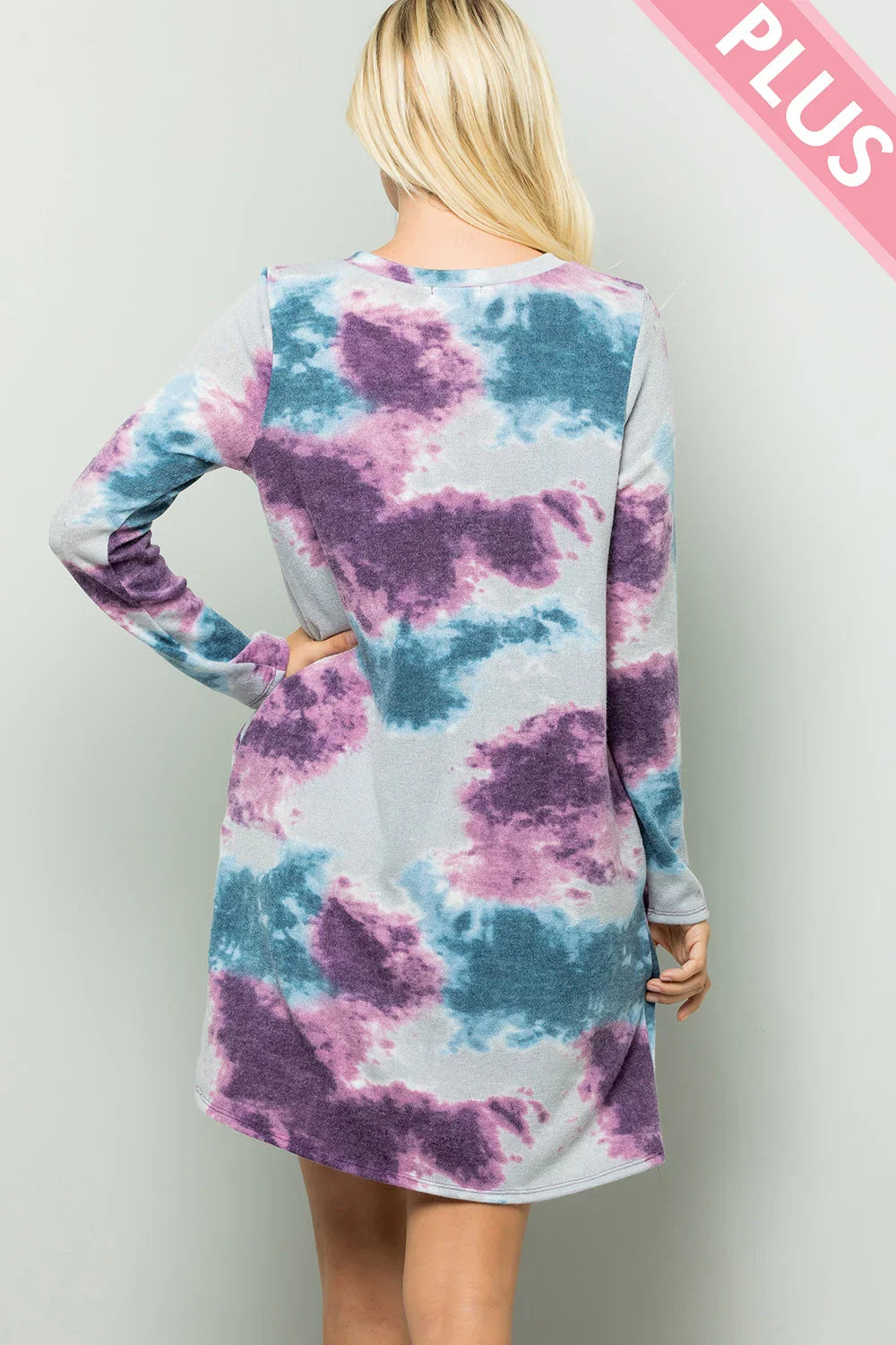 Plus Size Tie Dye Round Neck Long Sleeve Boutique Knit Tunic Dress