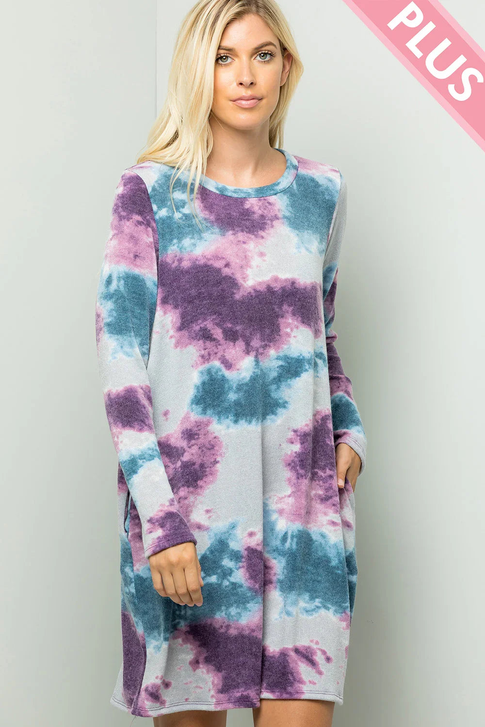 Plus Size Tie Dye Round Neck Long Sleeve Boutique Knit Tunic Dress