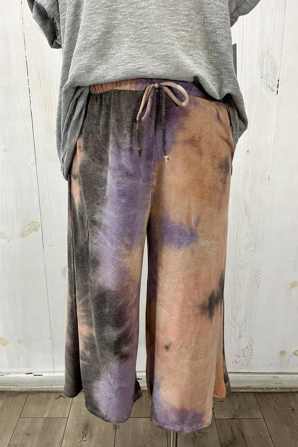 Plus Size Tie Dye Wide Leg Cropped Drawstring Lounge Pants