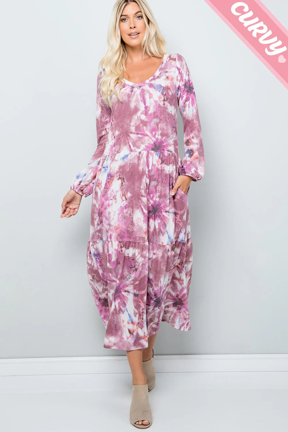 Plus Size Boho Tie Dye Long Sleeve Tiered Midi Boutique Fashion Dress