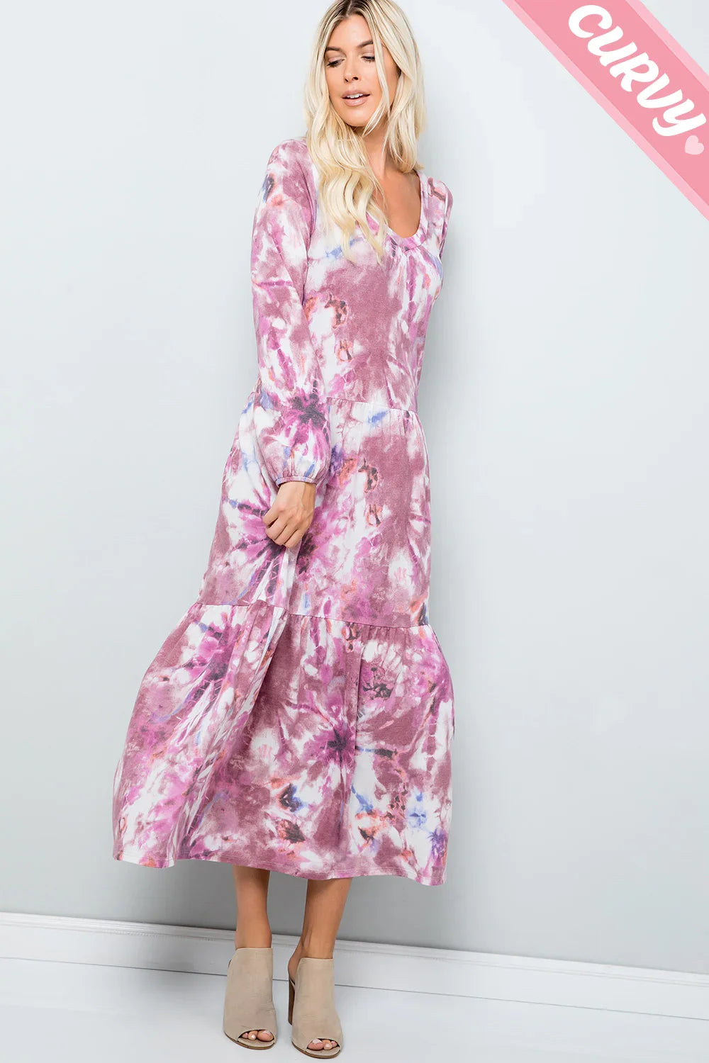 Plus Size Boho Tie Dye Long Sleeve Tiered Midi Boutique Fashion Dress