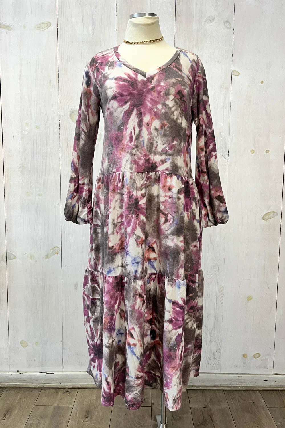 Plus Size Boho Tie Dye Long Sleeve Tiered Midi Boutique Fashion Dress