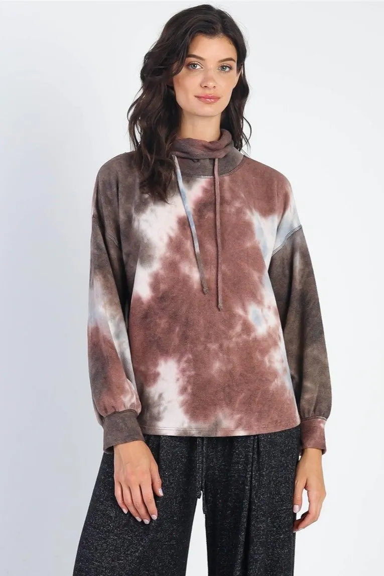 Brown Tie-Dye Turtle Neck Long Sleeve Sweatshirt /1-1-1 - Tasha Apparel Wholesale
