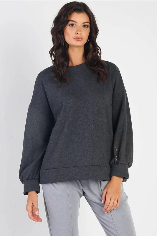Charcoal Long Balloon Sleeve Crew Neck Top /1-1-1 - Tasha Apparel Wholesale