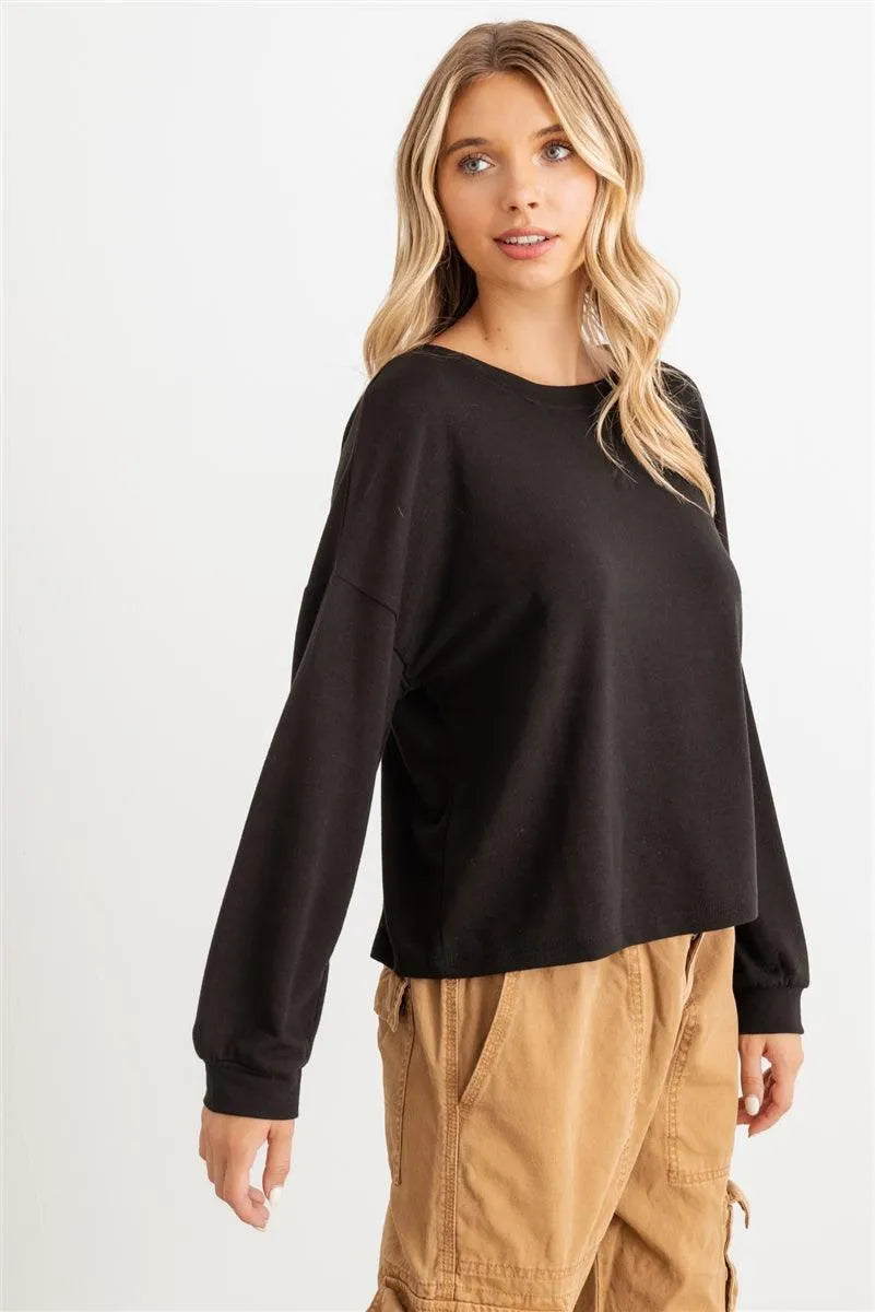 Black Round Neck Long Sleeve Relaxed Top /1-1-1 - Tasha Apparel Wholesale