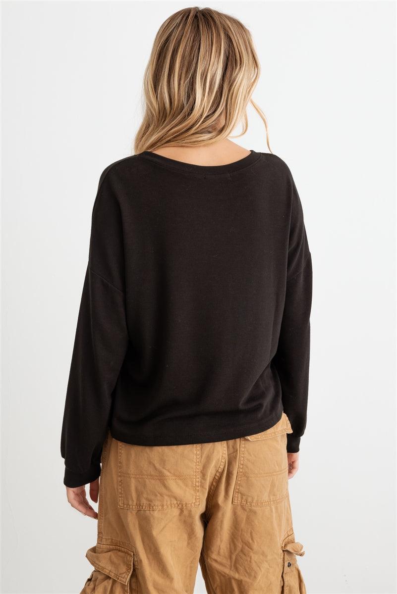 Black Round Neck Long Sleeve Relaxed Top back