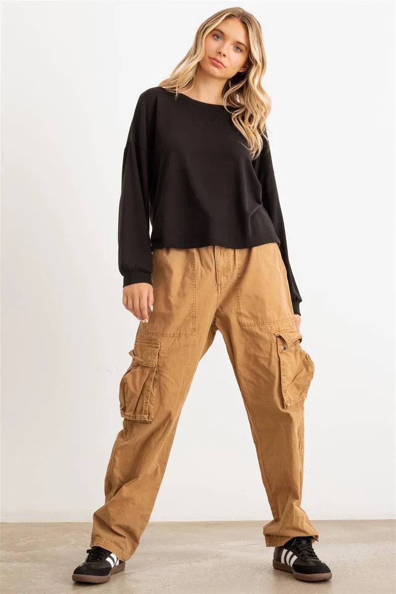 Black Round Neck Long Sleeve Relaxed Top /1-1-1 - Tasha Apparel Wholesale