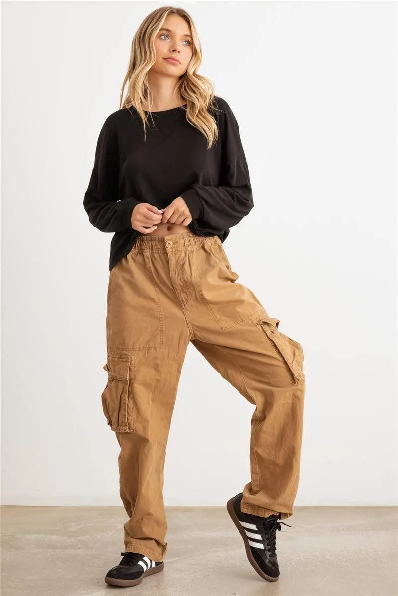 Black Round Neck Long Sleeve Relaxed Top /1-1-1 - Tasha Apparel Wholesale