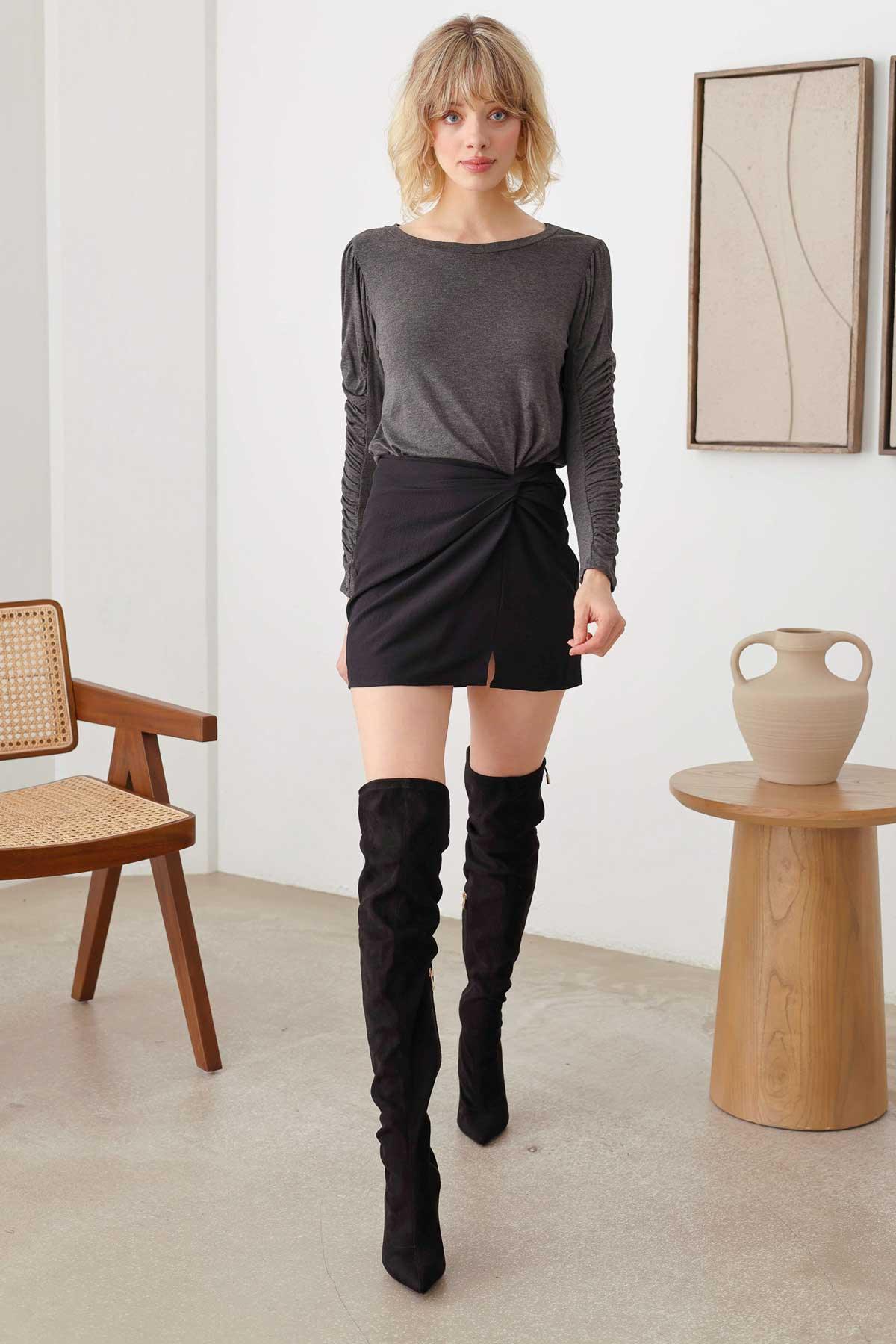 Charcoal Ruched Detail Long Sleeve Top - Tasha Apparel Wholesale