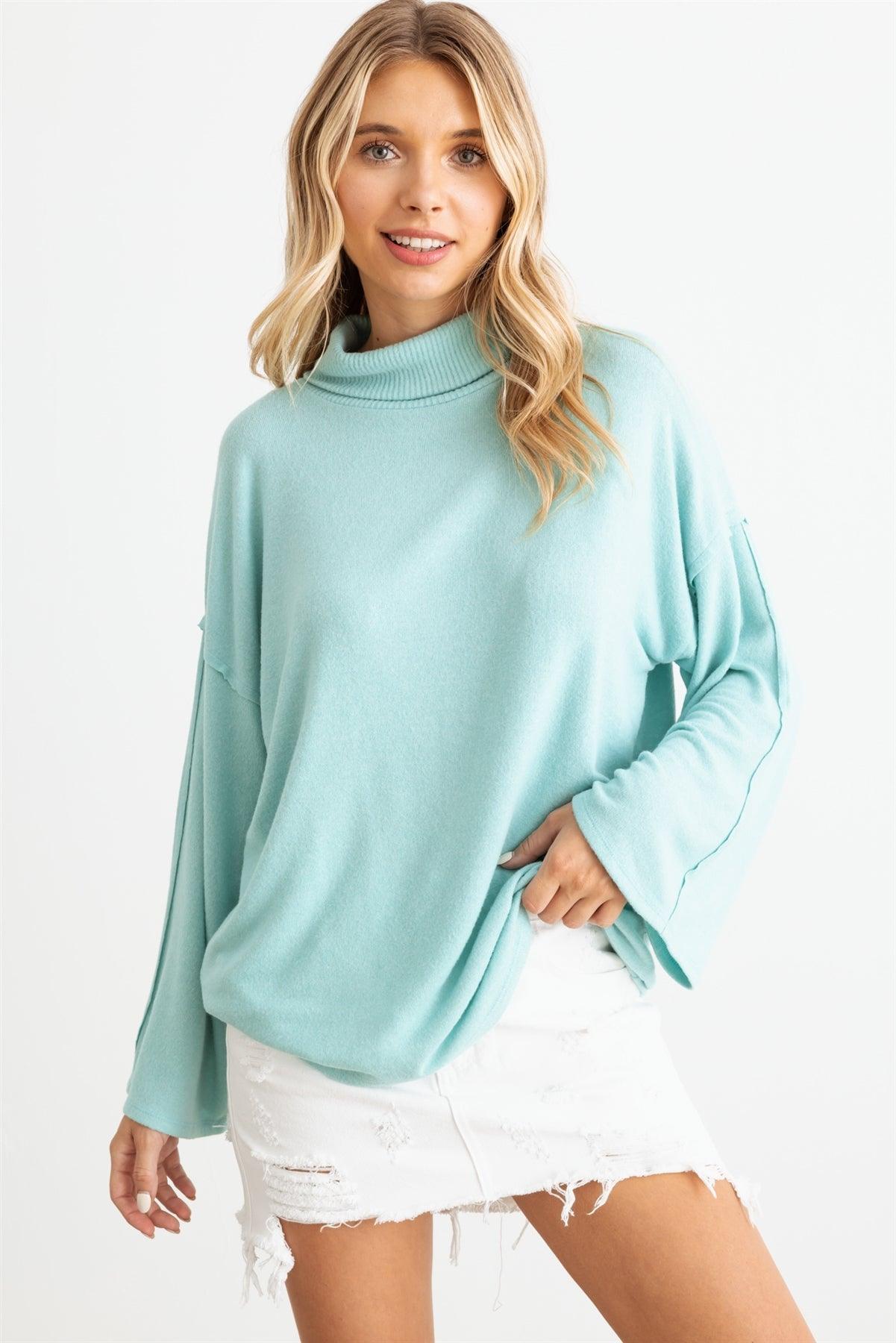 Aqua Turtle Neck Long Sleeve Soft To Touch Top 1