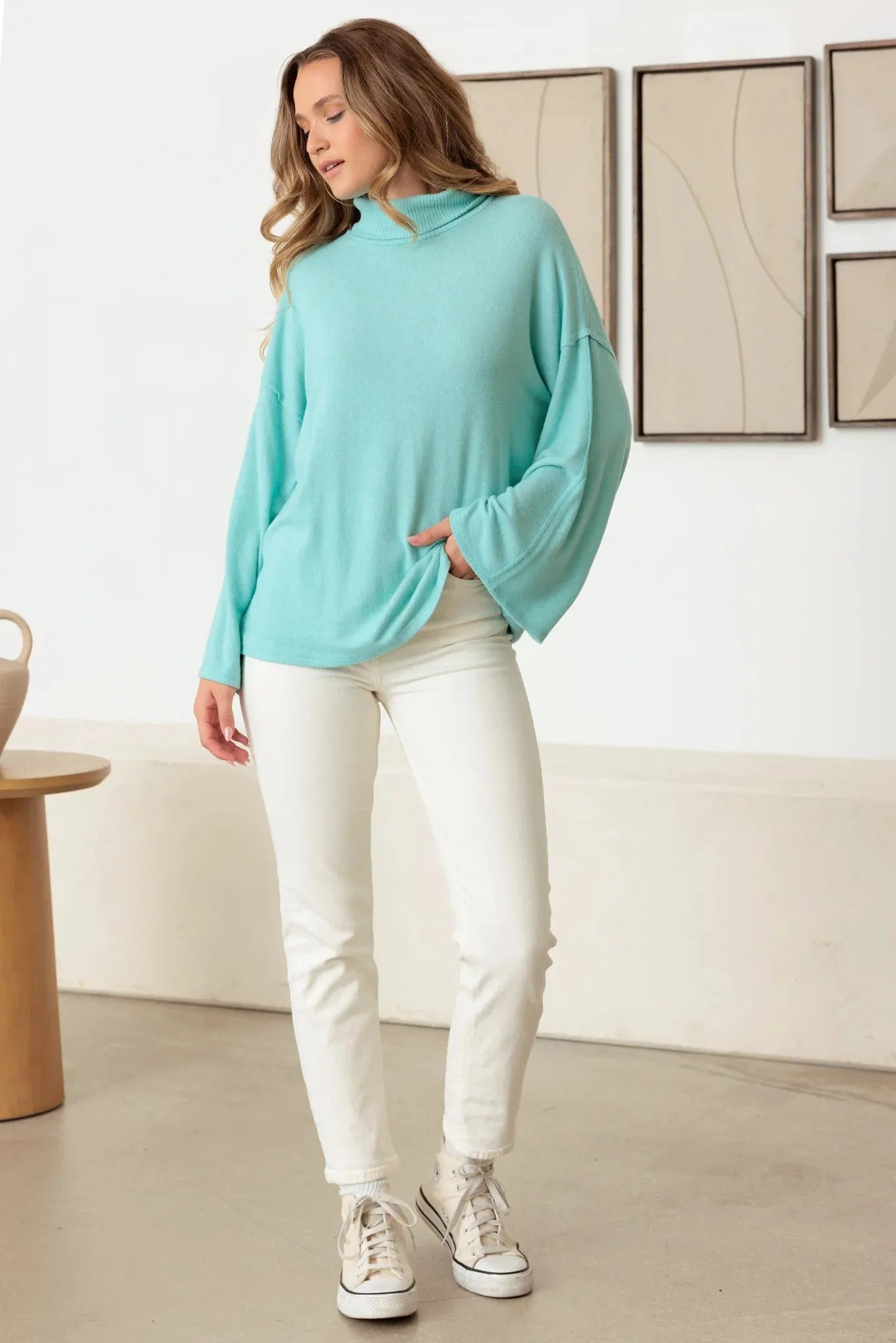Turtle Neck Wide Long Sleeve Soft Touch Top - Tasha Apparel Wholesale