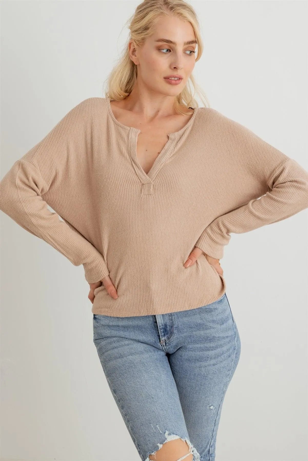 Ribbed Collar Neck Long Sleeve Top - Tasha Apparel Wholesale