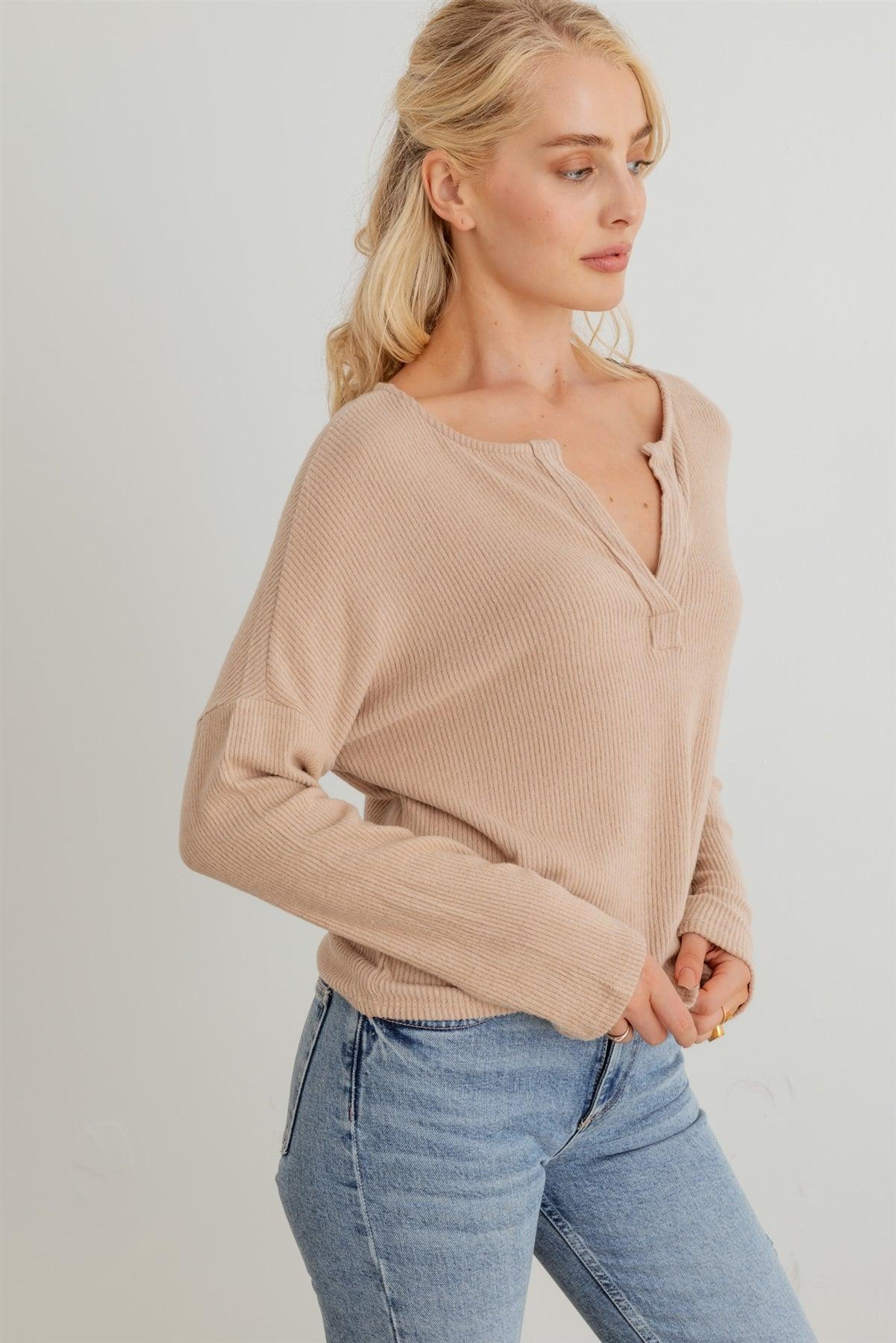 Beige Ribbed Collar Neck Long Sleeve Top /2-2-2