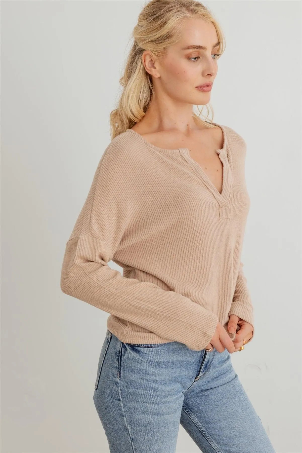 Ribbed Collar Neck Long Sleeve Top - Tasha Apparel Wholesale