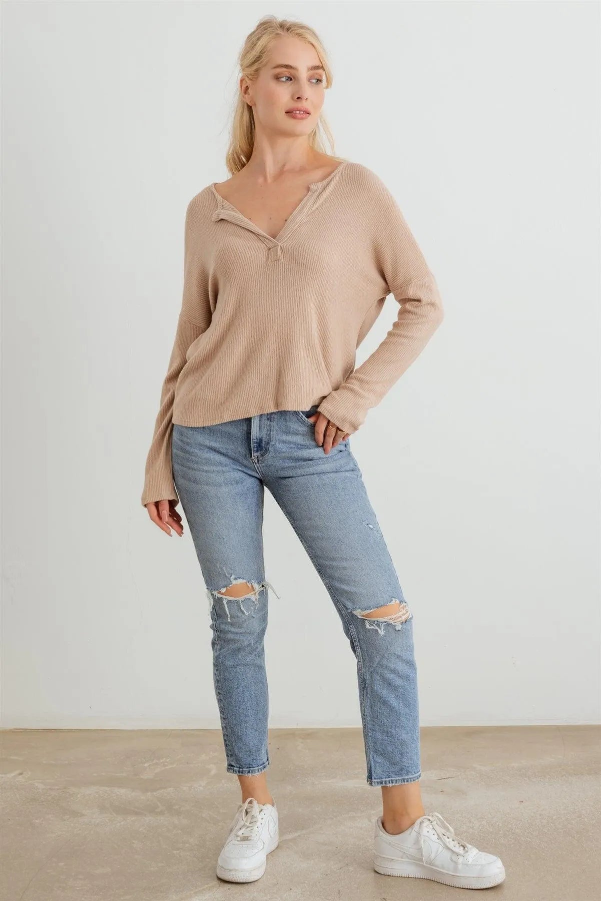 Ribbed Collar Neck Long Sleeve Top - Tasha Apparel Wholesale