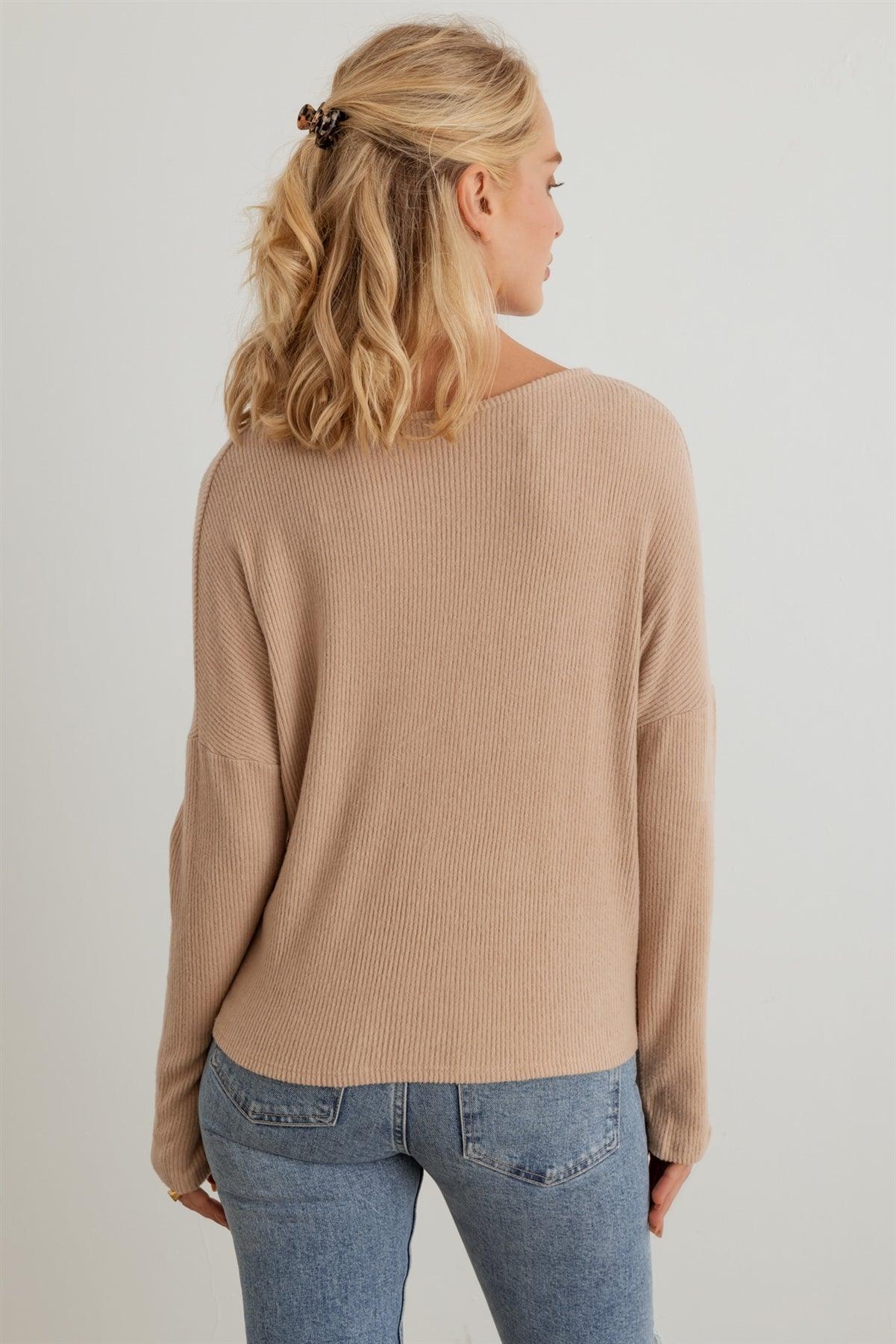 Beige Ribbed Collar Neck Long Sleeve Top /2-2-2