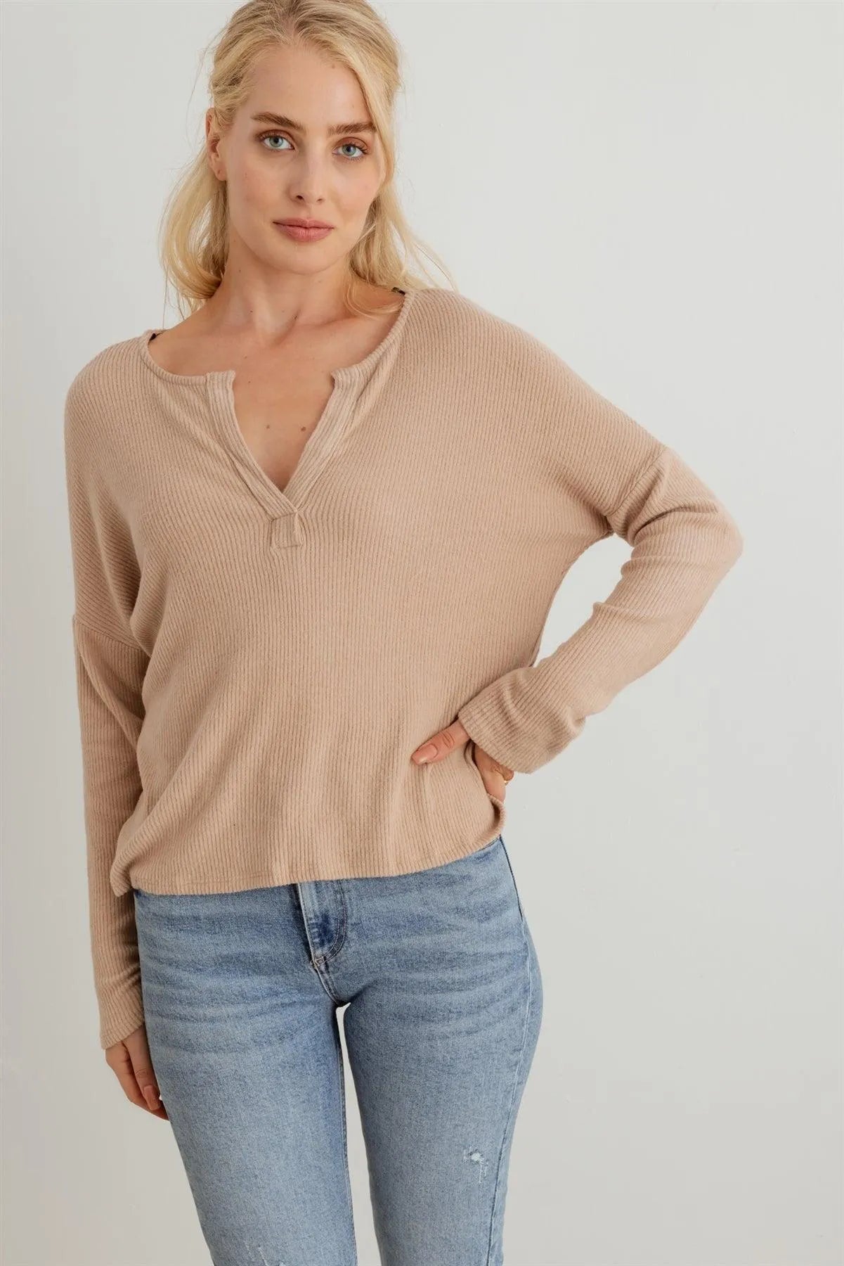 Ribbed Collar Neck Long Sleeve Top - Tasha Apparel Wholesale